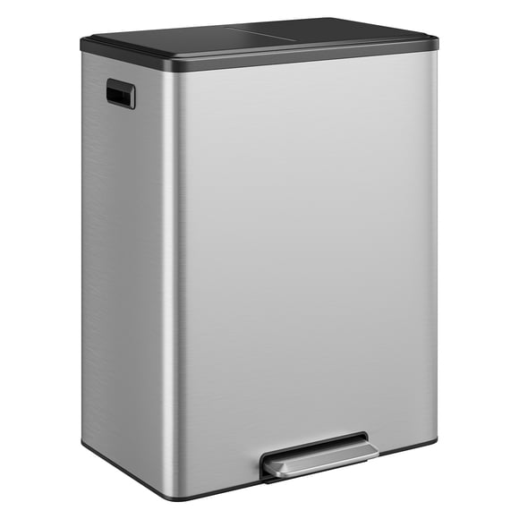 GOGRANT 60L Dual Compartment Stainless Steel Recycling Step Bin, 2x8Gal Trash Can with Soft-Close Lids, Hands-Free Pedal Garbage Bin for Kitchen Office
