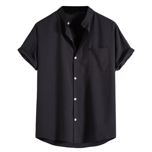 Mens Dress Shirts Black Dress Shirts for Men Men's Fashion Casual Short Sleeve Stand Collar Shirt Casual Short Sleeve Stand Collar Shirt Beach Shirts For Men,Black,XXL