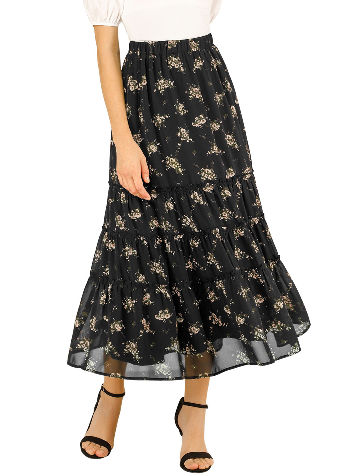 Unique Bargains Women's Floral Print Elastic Waist Ruffle Maxi Tiered Skirt