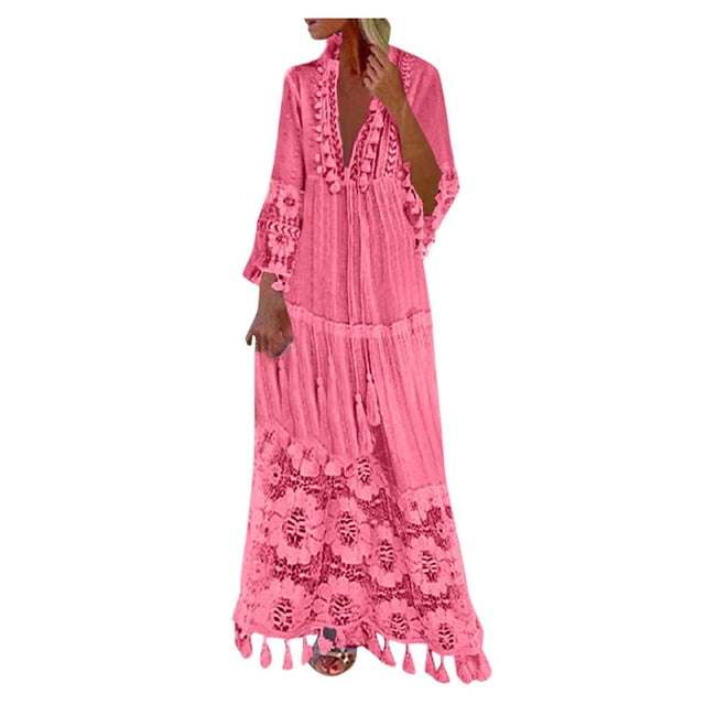 JUNWELL Robe Bohème d'Été pour Femmes, Robe Maxi Décontractée Grande Taille de Couleur Unie Rose avec Encolure en V, Détails de Franges en Dentelle et silhouette Longue et Fluide. Fabriquée en Tissu polyester Léger, Cette Robe Est Idéale pour les occasions d'Été comme les Sorties à la Plage, les Mariages Ou le Port Quotidien Décontracté. la Robe Présente une texture en Tricot jersey Respirant avec une Touche d'Élasticité pour un Confort Accru.