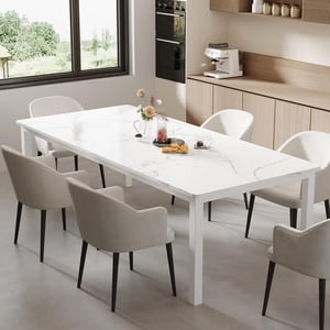 79" Table à manger longue pour 6-8 personnes, grande table de cuisine rectangle avec jambes en métal robuste, salle à manger industrielle moderne avec coin rond, marbre blanc faux/blanc