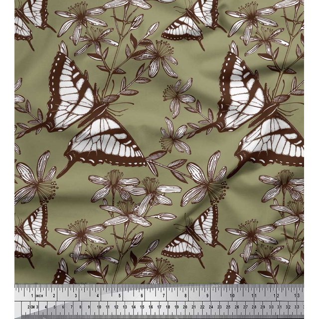 Soimoi Green Poly Georgette Fabric Flower & Butterfly Print Fabric by Yard 42 Inch Wide