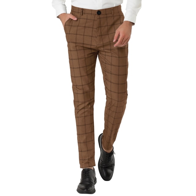 INSPIRE CHIC Men's Plaid Slim Fit Flat Front Dress Pants with Pockets 30 Dark Brown