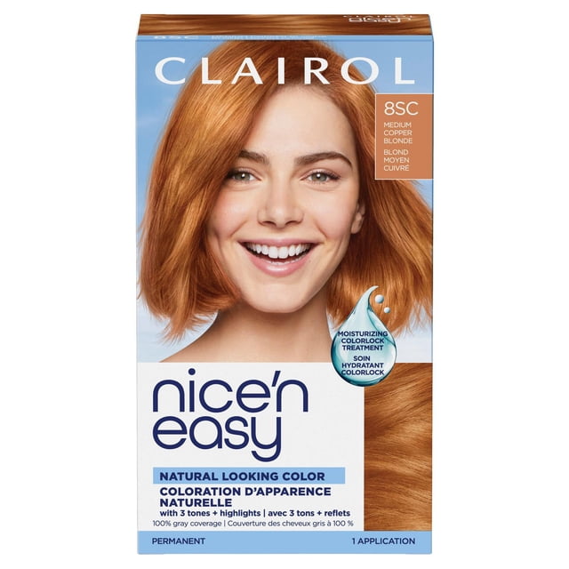 Clairol Nice'n Easy Permanent Hair Dye front-facing kit with permanent color crème tube and color-activating lotion visible; packaging highlights a 3-tone blend and complementary highlights for natural-looking tones, includes ColorSeal conditioner and gloves; often used to touch up roots between salon visits.