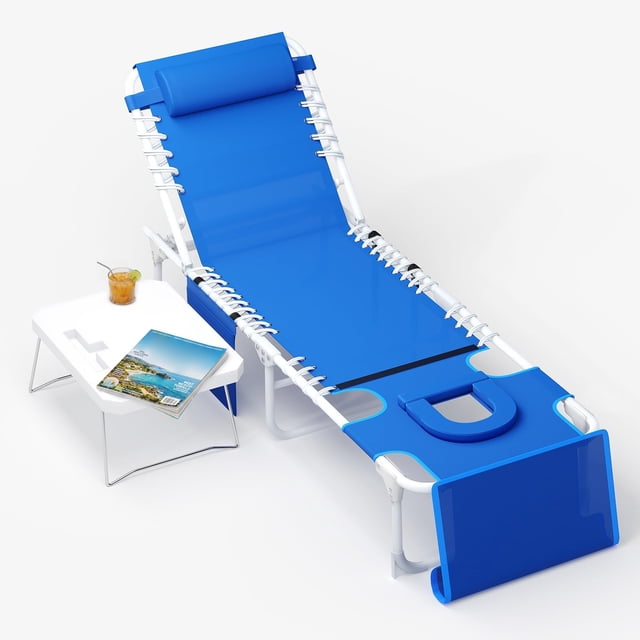 CazToi Chaise Longue Pliante pour Bronzage, Fauteuil Inclinable en Textilène avec Ouverture pour le Visage pour Bronzage Face vers le Bas, Lit de Détente Réglable pour Patio, Piscine et Plage avec Poche Latérale et Table d'Appoint