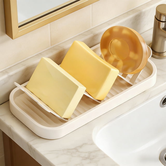CaiYueKe Soap Dish Organizer with Drain, Bathroom Kitchen Sink Storage Rack, Plastic Soap Holder Tray for Soap Sponge Scrubber, Bear Ear Design Countertop Organizer