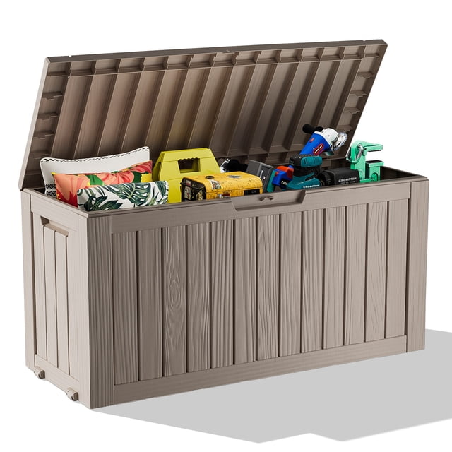EasyUp 75 Gallon Resin Deck Box, Lockable Patio Outdoor Storage Box for Furniture, Garden Tools and Tools Storage, Waterproof Outside Storage Boxes(Grey)
