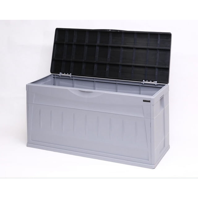 Dura Deck Storage Bench in light grey with an open black lid showing a spacious interior compartment, made of durable plastic for outdoor storage of patio cushions, sports gear, and toys, featuring a textured front panel and integrated handle for easy access.