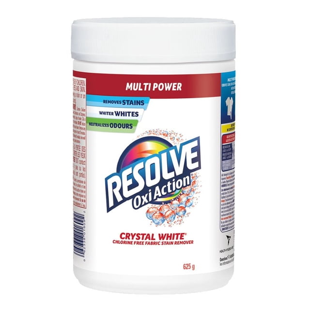 Resolve Multi Power Oxi-Action Amazing Stain Remover in-wash powder for whites, 625g container with white lid, chlorine-free formula removes stains, whitens fabrics, and neutralizes odours, suitable as a laundry additive.