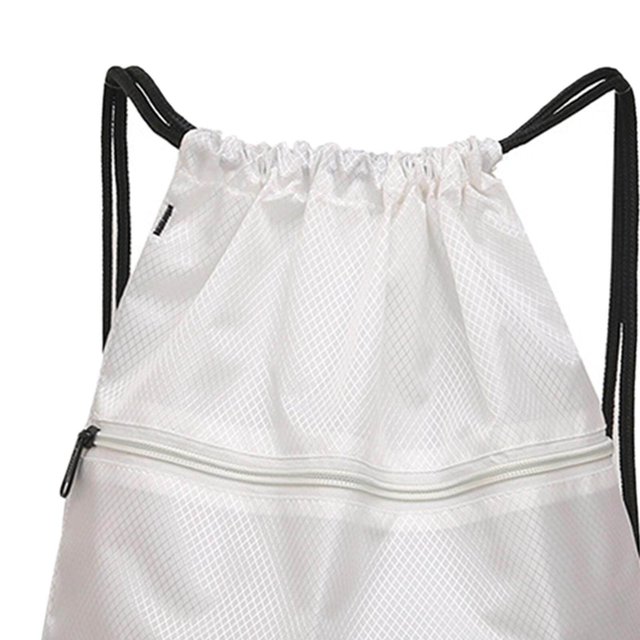Travel Nylon Drawstring Bag Sack Beach Gym gym bag sack Backpack Shoes Bags White. This lightweight white nylon drawstring bag features a diamond-patterned texture, a front zippered pocket for additional storage, and black drawstring straps for easy carrying. Suitable for travel, gym, or beach use.