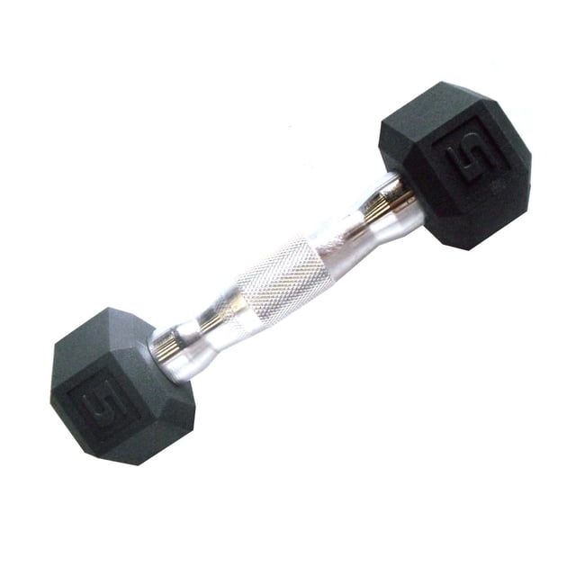 CAP Barbell Coated Hex Dumbbell, Single 5 lb, shown in a centered close-up with black hexagonal coated heads and a chrome knurled steel handle for secure grip, ideal for strength training, functional workouts, and HIIT targeting major muscle groups.