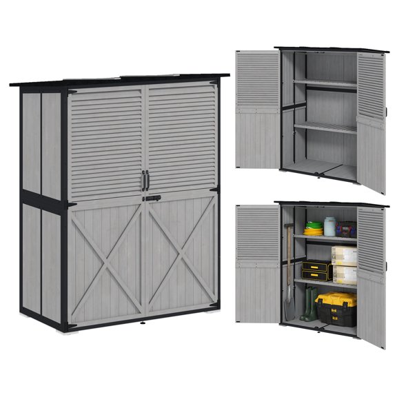 Outsunny Outdoor Storage Cabinet, Wood Garden Shed with 2 Shelves, Grey