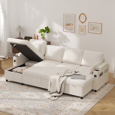 Convertible Sofa Bed Sleeper Pull Out Sectional Couch with Storage, U Shaped Couch Bed for Living Room, Apartment, Small Space, Beige
