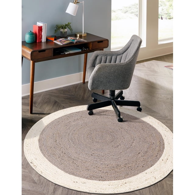 Indian Handmade Braided White Border with Inner Gray Natural Jute Area Rug, Home Décor Rug, Jute Rug for Bedroom, Dining Room, living room, Doormat Rug Size - 8' Round (240 cm x 240 cm)