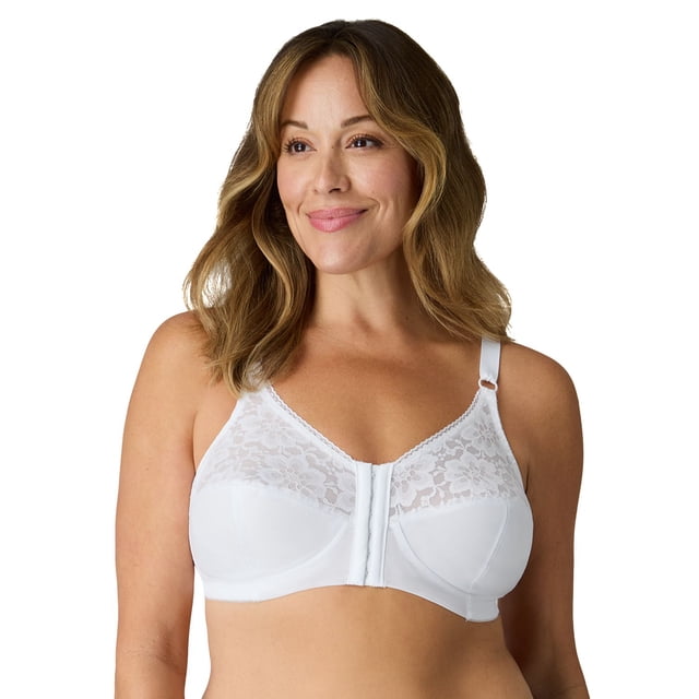 WonderBra Wireless Front Closure Bra front-facing on neutral background, feminine lace cups with wireless molded silhouette, front closure clasp, adjustable front straps and supportive underband for comfortable support, 85% nylon/15% spandex fabric.