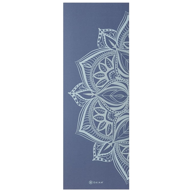 Gaiam 5mm Premium Printed Point Yoga Mat in blue with a detailed light blue medallion print, featuring a textured, non-slip PVC surface and 5mm cushioning for joint support, suitable for home or studio yoga practice.