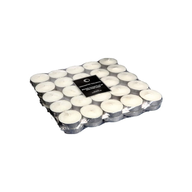50 Pk Unscented Tealights (White) showing a rectangular pack of 50 round white wax tealight candles with wicks in silver metal cups, wrapped in clear plastic with a black label, ideal for home décor and suitable for use with oil burners to diffuse fragrance.