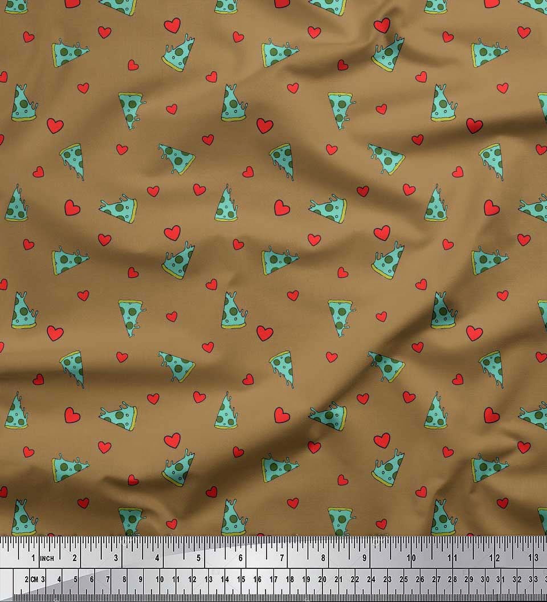 Soimoi Rayon Fabric Heart & Pizza Slice Food Printed Fabric 1 Yard 42 Inch Wide