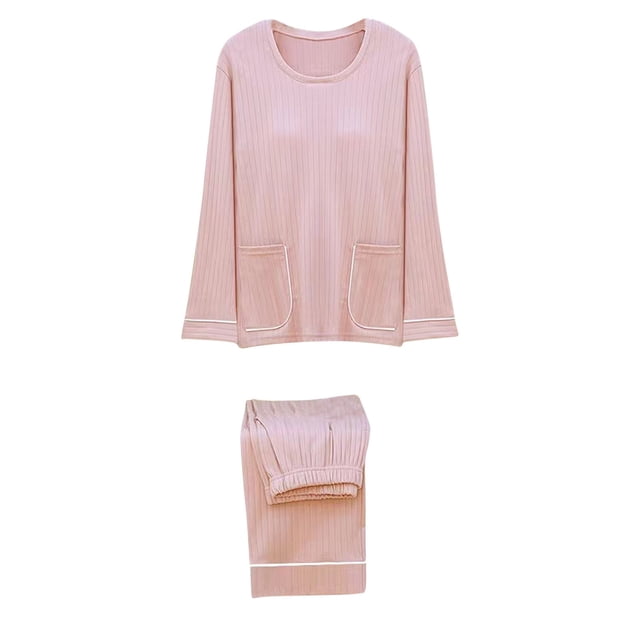 Besolor Pyjama Décontracté pour Femmes, Ensemble 2 Pcs, Haut à Col Ras du Cou Doux à Manches Longues et Pantalon, Tenue de Nuit Pjs avec Coussinet