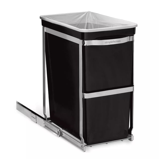 Simplehuman 30 Liter / 8 Gallon Under Counter Kitchen Cabinet Pull-Out Trash Can with a heavy-duty steel frame. Features a black bin with integrated steel handle and smooth ball-bearing tracks for easy gliding. Ideal for concealed trash storage and kitchen waste management inside cabinets.