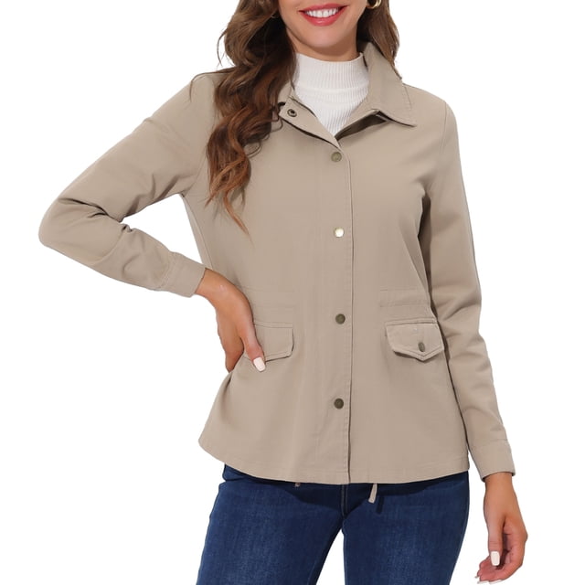 INSPIRE CHIC Women's Drawstring Waist Flap Pockets Lightweight Utility Jacket Light Khaki M