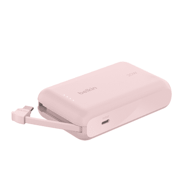 Belkin BoostCharge Portable Charger, Power Bank with 2.2in/5.7cm Integrated Cable 10,000mAh PD 20W - Fast Charge USB-C Power Delivery, Pink