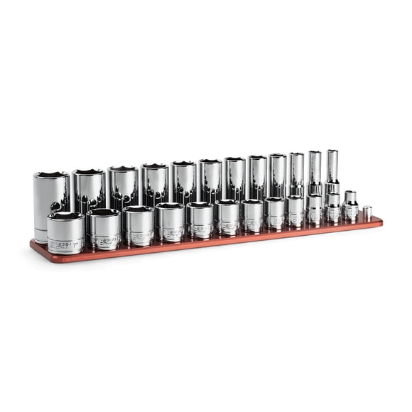 Capri Tools 3/8 in. Drive Shallow and Deep Chrome Socket Set 6-Point 5/16 to 1 in. 24-Piece with Billet Aluminum Socket Rail