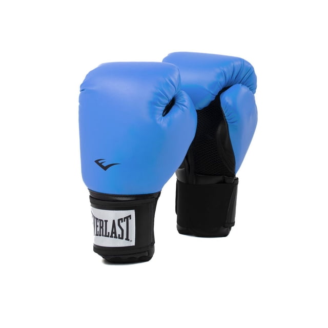 Everlast Pro Style 2 Boxing Gloves in blue with black wrist straps, featuring triple-layer foam padding, durable synthetic construction, mesh palm for ventilation, and hook-and-loop closure for secure fit, shown in front and back angled views on a white background, ideal for boxing training and sparring.