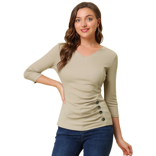 INSPIRE CHIC Women's Button Decor V Neck 3/4 Sleeve Solid Blouse Knitted Ruched Top