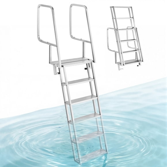 VEVOR Échelle de Quai Relevable, 6 Marches, Échelle de Nage pour Bateau Ponton en Alliage d'Aluminium Robuste, avec Marches Larges Antidérapantes, Capacité de Charge de 350 Lb, Aide à Tirer la Corde, Utilisation Confortable pour l'Embarquement Marin au Bord du Lac Ou de la Piscine