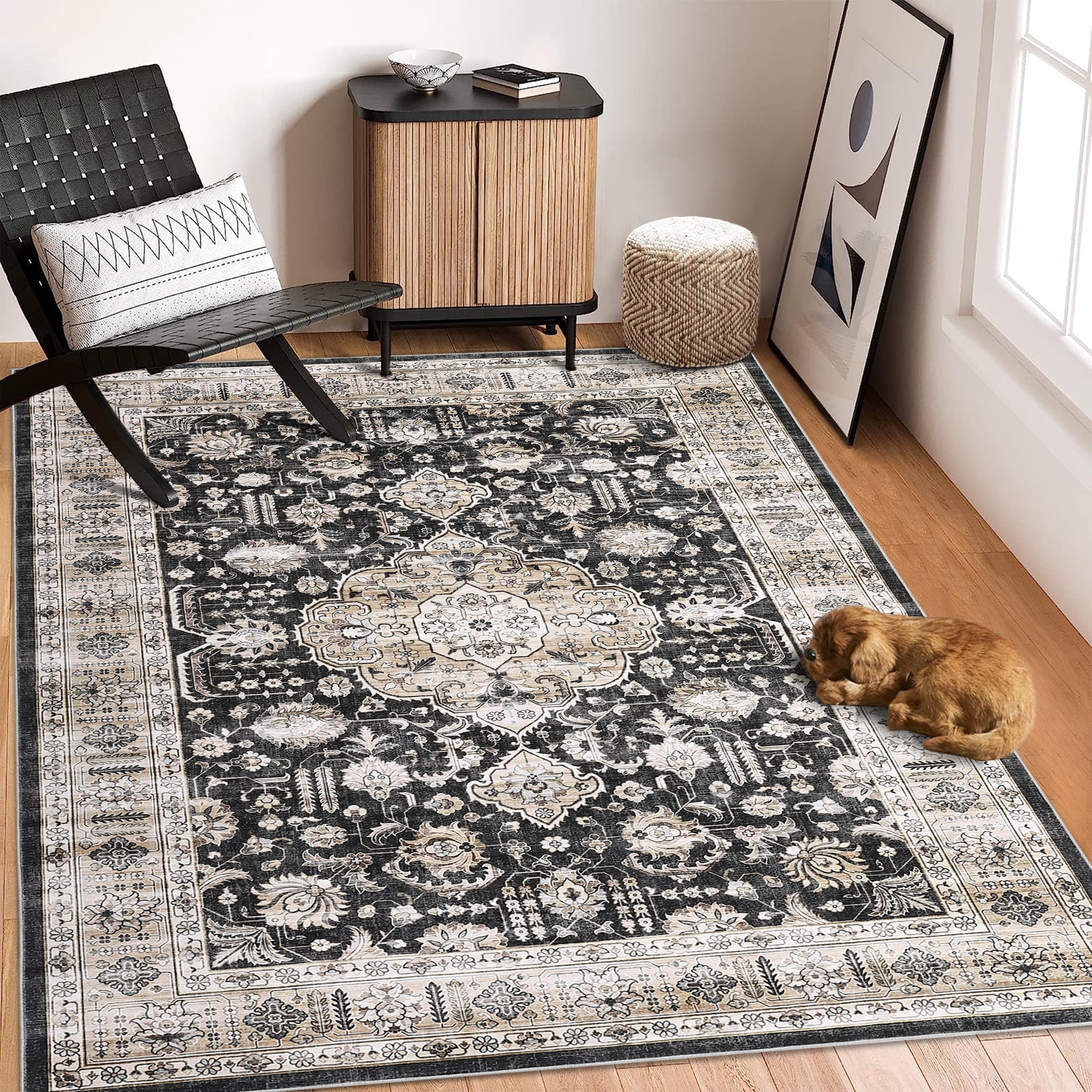 GlowSol 6'x9' Washable Area Rugs for Living Room Bedroom Vintage Medallion Print Non Slip Low Pile Throw Rugs Soft Foldable Accent Rug, Black