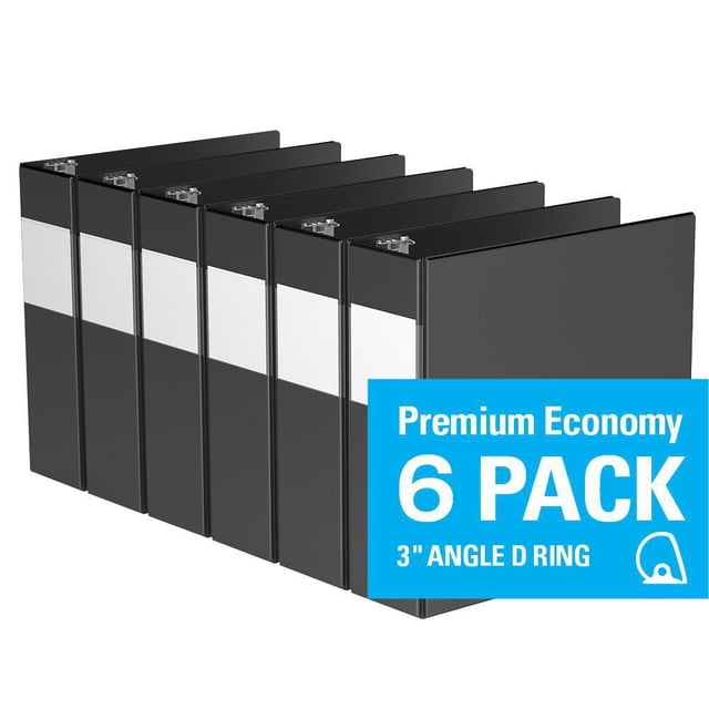 Davis Group Premium Economy D Ring Binder 6 Pack, 3 inch, showing six black binders with white label holders on the spine and clear interior pockets on front and back covers to secure documents, suitable for office supplies, conferences, and school use.