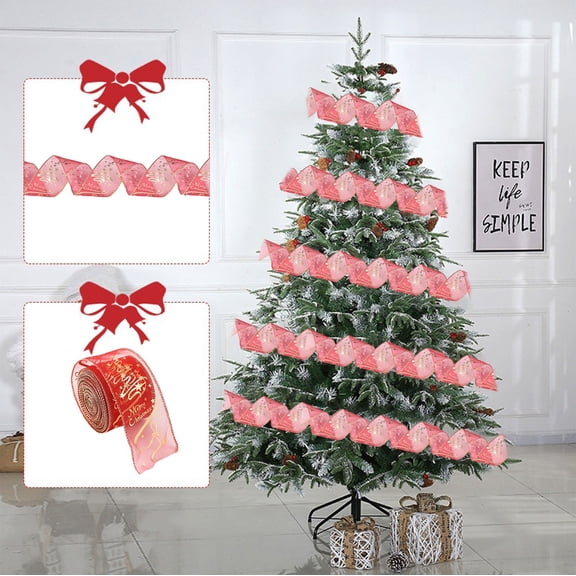 Christmas Ribbon with Handmade Bow and Christmas Tree Pattern for Gift Wrapping and Holiday Decor