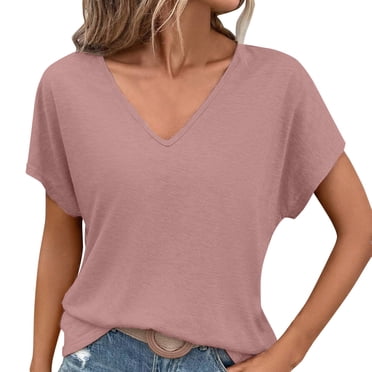 T-shirts pour Femmes à Manches Courtes, Col en V, Hauts d'Été Décontractés, Amples, Basiques, Unis, T-Shirts à Manches Chauve-Souris