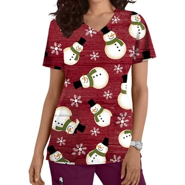 TopLLC Womens Plus Size Scrubs Women's Short Sleeve V-neck Tops Uniform Christmas Printed Pockets Blouse Nursing Casual Nurse Shirts Scrubs on Clearance