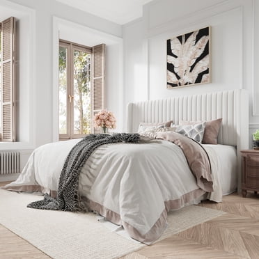 Amolife King Size Velvet Upholstered Bed with Wingback Headboard, Off-white