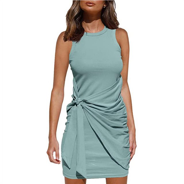 Robe d'Été Sans Manches pour Femmes avec Ceinture Irrégulière Col Rond Aguichant Mini Robe Moulante