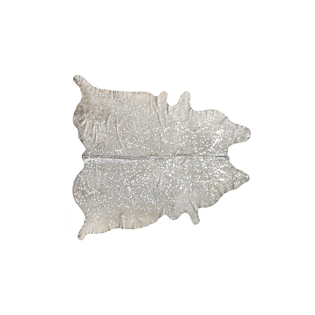 H-Natural Scotland Cowhide Rug 6'X7' laid flat with natural irregular edges, featuring a soft, low pile texture in muted grey with white speckled pattern, stain-resistant and durable, ideal for high-traffic indoor area rug use.