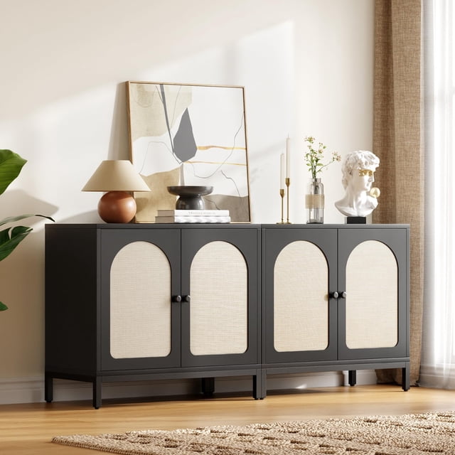 GloryStar Buffet avec Rangement, Armoire de Rangement en Rotin avec Portes, Tablette Ajustable pour Salon, Couloir, Noyer