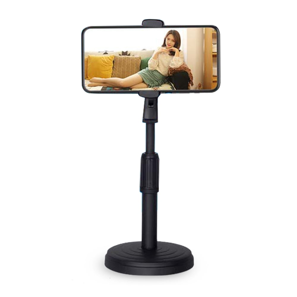walmeck Desktop Cell Phone Stand Holder Clamp Tablet Stand Adjustable Height Portable Stable Round Base for Watching Online Classes Video Photo Live Streaming Black