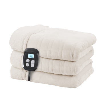 SUNNY HEAT Couverture Chauffante Électrique Format Double 72"x84 Pouces en Flanelle Douce et Coton, 10 Niveaux de Chauffage et Arrêt Automatique 1 à 12 Heures, Blanc