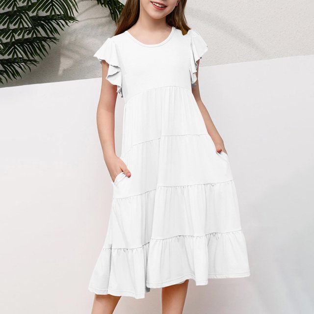 Qertyioot Robes pour Filles à Manches Volantées, Robe d'Été Trapèze Décontractée, Robe Midi Évasée à Étages avec Poches