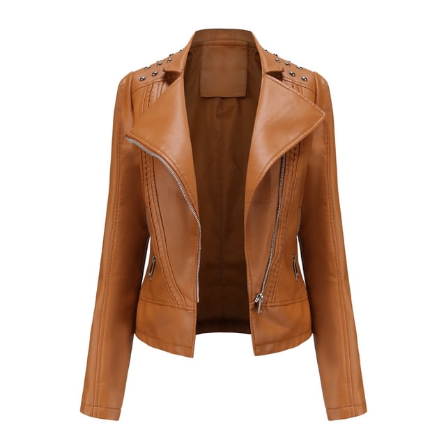 WEIYLL Womens Fleece Jackets Leather Motorcycle Short Lightweight Pleather Crop Coffee Fall Tops Size 2XL