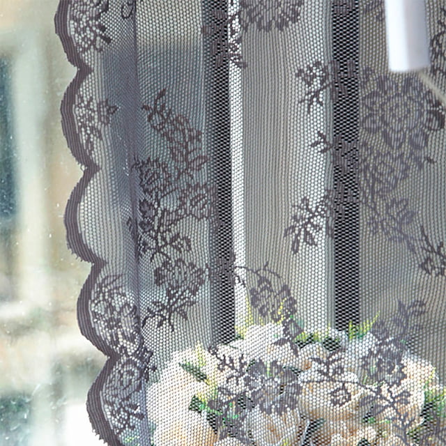 Flower Sheer Curtain Tulle Window Voile Drape Valance 1 Panel Fabric in grey, featuring a delicate floral lace pattern with scalloped edges. Made from washable voile material, it measures 180cm x 145cm and softly filters daylight while providing privacy. Ideal for modern home decor, it adds an elegant and cozy touch to any room.