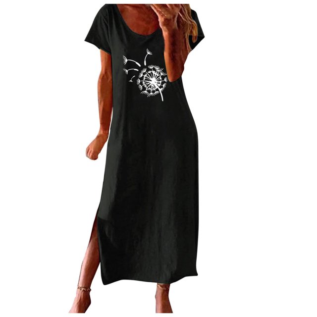 Pompotops Womens Beach Pullover Boho Sundress Short Sleeve Loose Long Dress