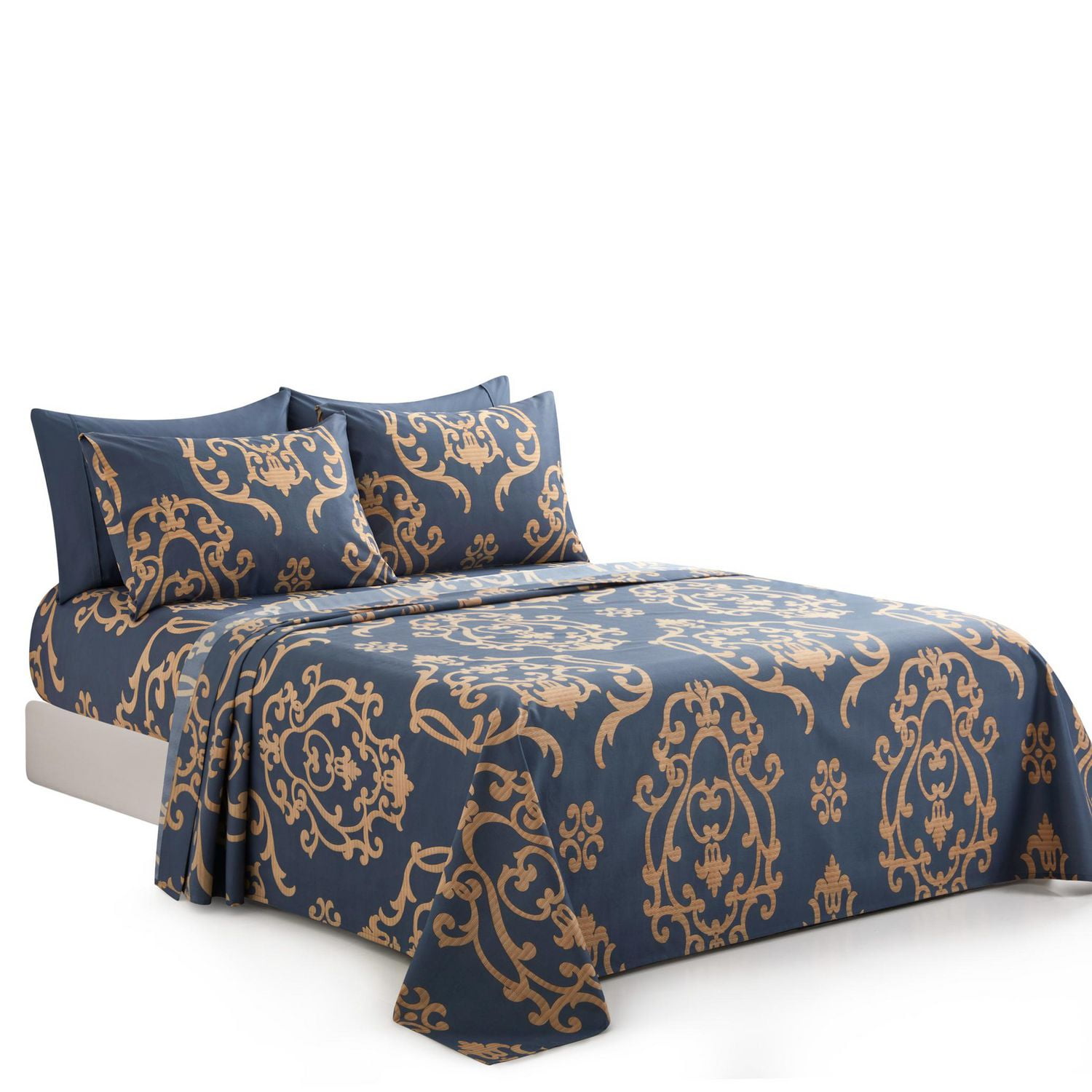 Literie Marina Décoration ultra douce et soyeuse, riche en soie et en rayonne de bambou, toutes saisons, avec taies d'oreiller, motif damassé doré et bleu marine