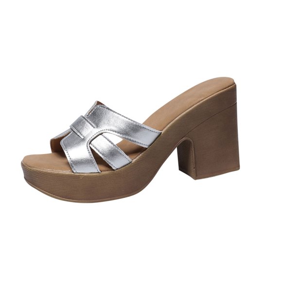 Hopeusnice Slippers for Women Open Toe Breathable Soft PU Materials Summer Shoes Women's Slippers Non-Slip Block Heel Trendy Roman Outdoor Shoes Silver 40