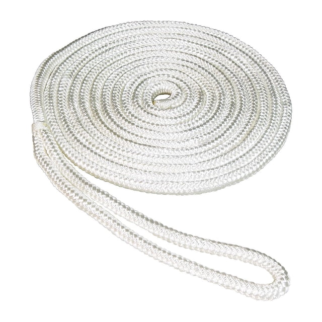3/8" X 15' Premium Double Braid Dock Line in white 100% nylon, coiled flat with a 10-inch professionally spliced eye, braid-on-braid construction for marine dock use, break strength 3900 lb and safe working load 410 lbs, also suitable for light load securing tasks.