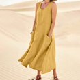 thumbnail image 2 of JIRNDf Robes Maxi d'Été pour Femmes Tendance Couleur Unie Col Rond Poches Longues Robes d'Été Quotidiennes pour Femmes Robe Boho Jaune P, 2 of 7