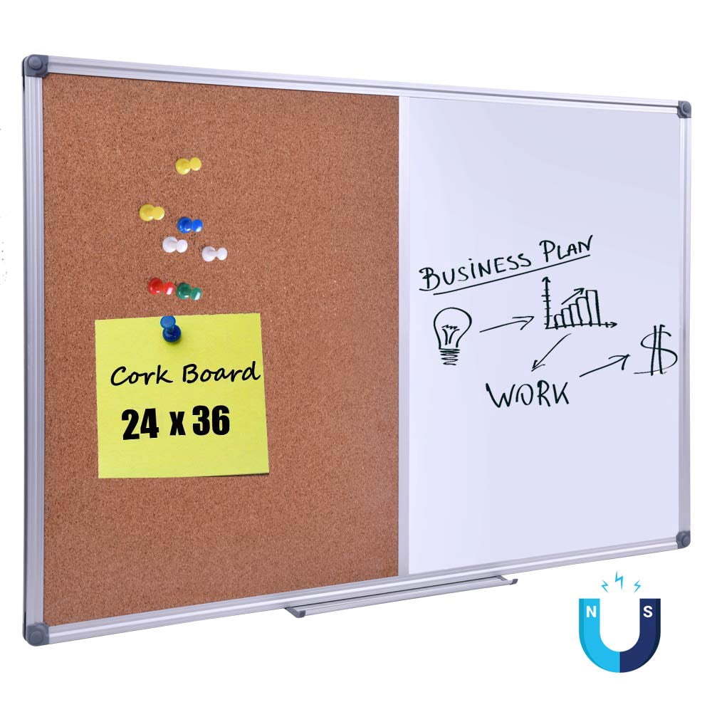 DexBoard 48 x 36 Inch Magnetic Dry Erase/Cork Combo Board, Wall Mounted Whiteboard & Corkboard Combination with Aluminum Frame